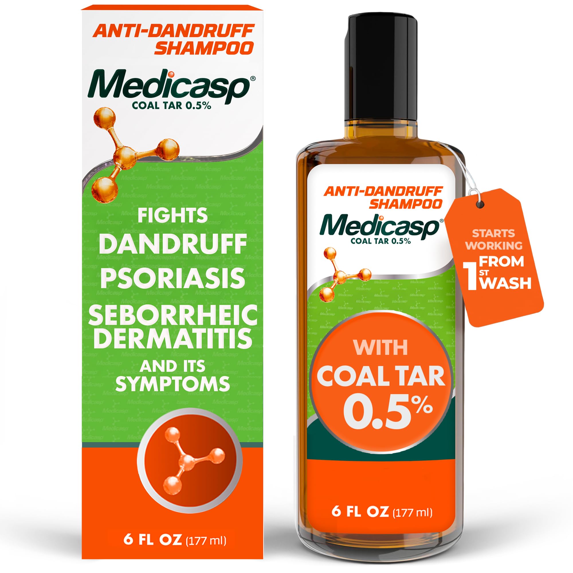Medicasp front packaging showing bottle and claim for fast dandruff relief
