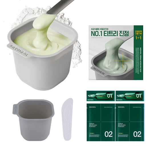 MEDIHEAL product front packaging showing tea tree two-pack, clear cooling benefit