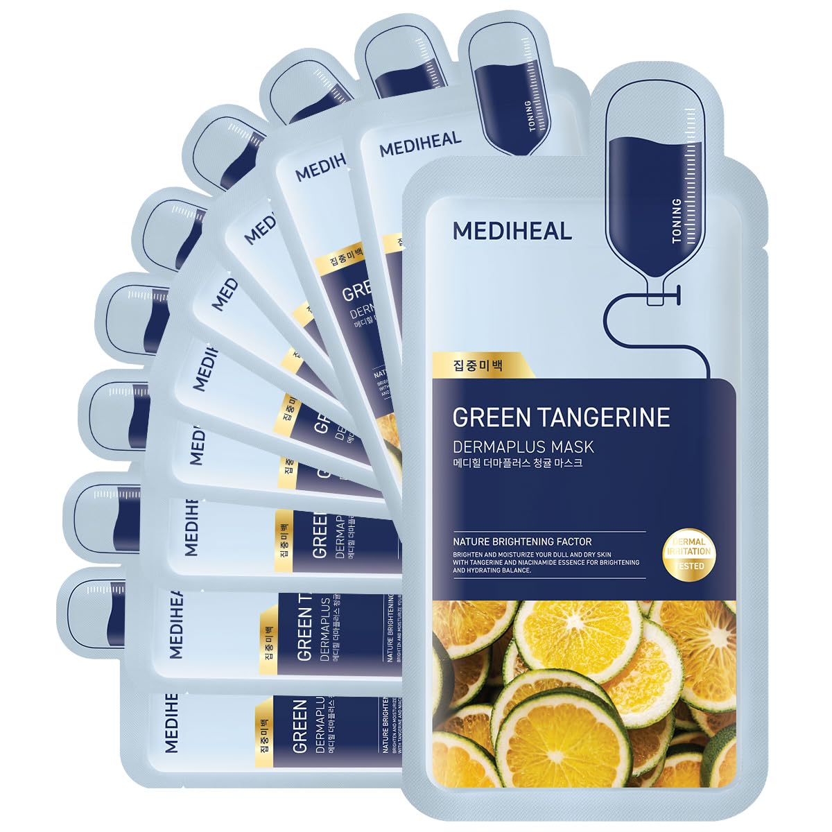 MEDIHEAL pack front showing 10-count box and branding, highlights daily tone-up benefit