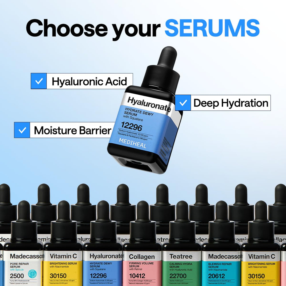 MEDIHEAL serum texture close-up showing lightweight gel for fast absorption