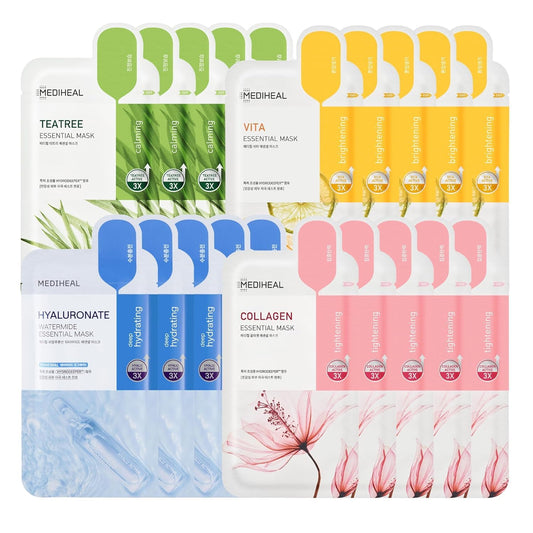 MEDIHEAL front pouch pack showing four mask types and clear benefits