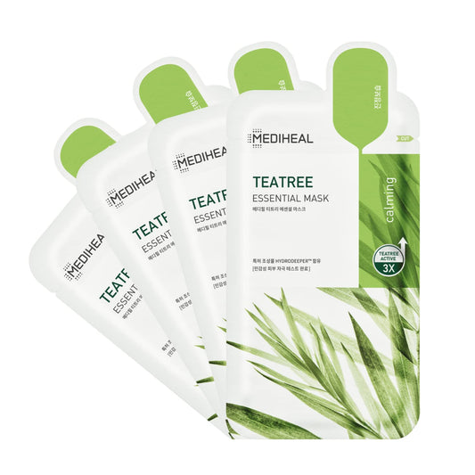 MEDIHEAL front packaging showing four tea tree masks and clear product benefit