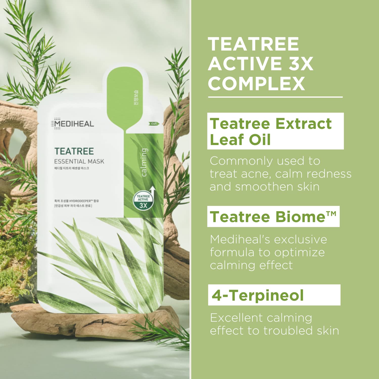 MEDIHEAL mask applied on model demonstrating soothing fit and immediate calming effect