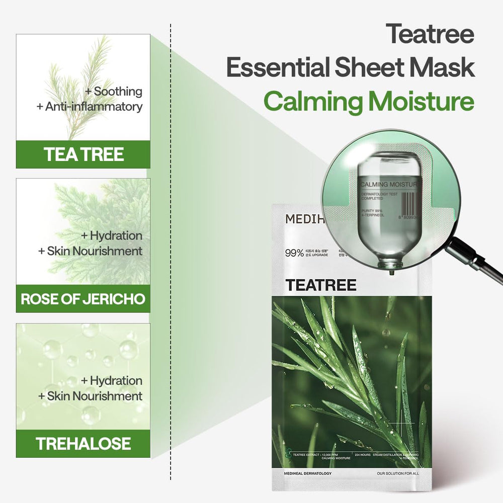 MEDIHEAL ingredients label highlighting tea tree purity and clinical testing benefit