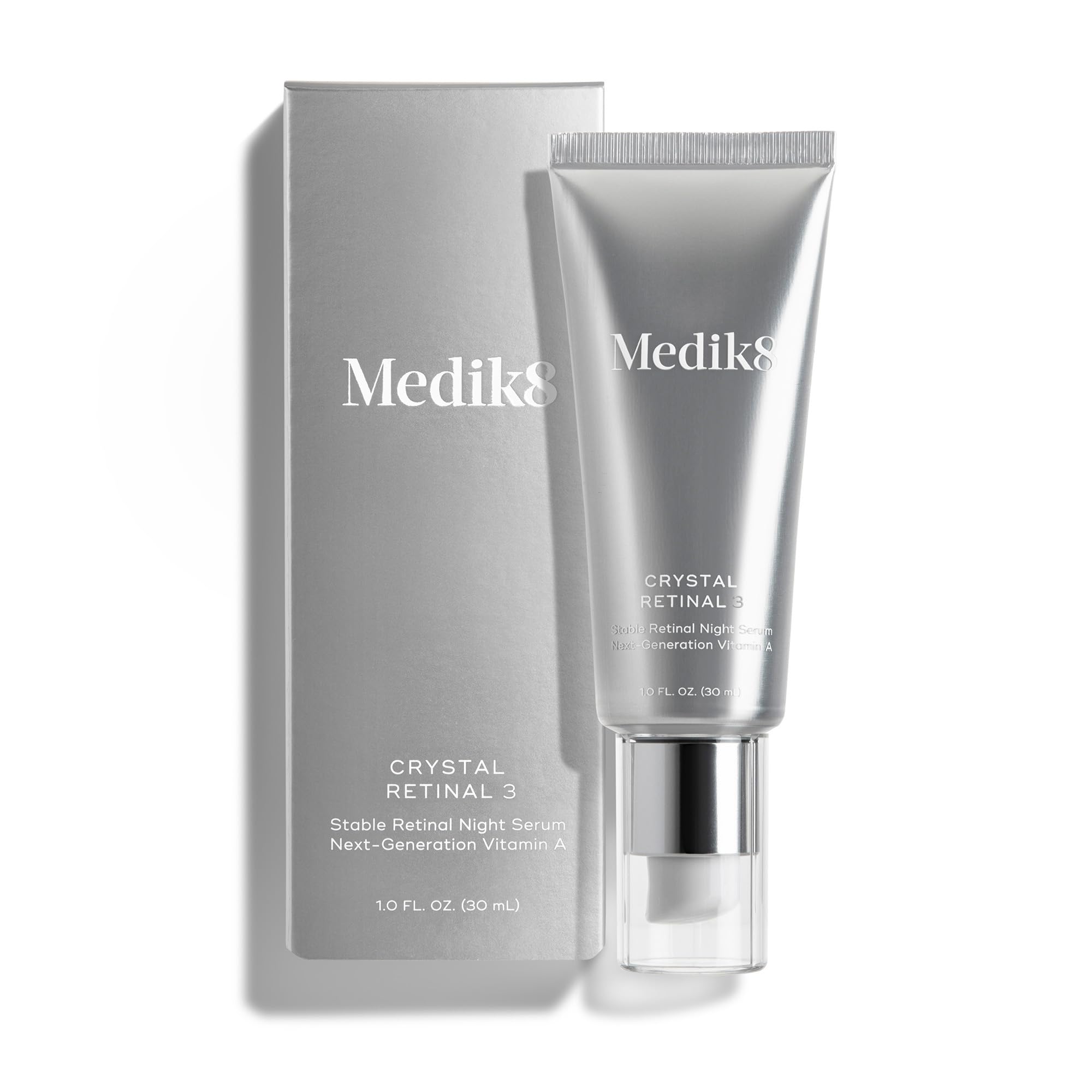 Medik8 front bottle showing label and compact 1 oz size benefit: clear presentation