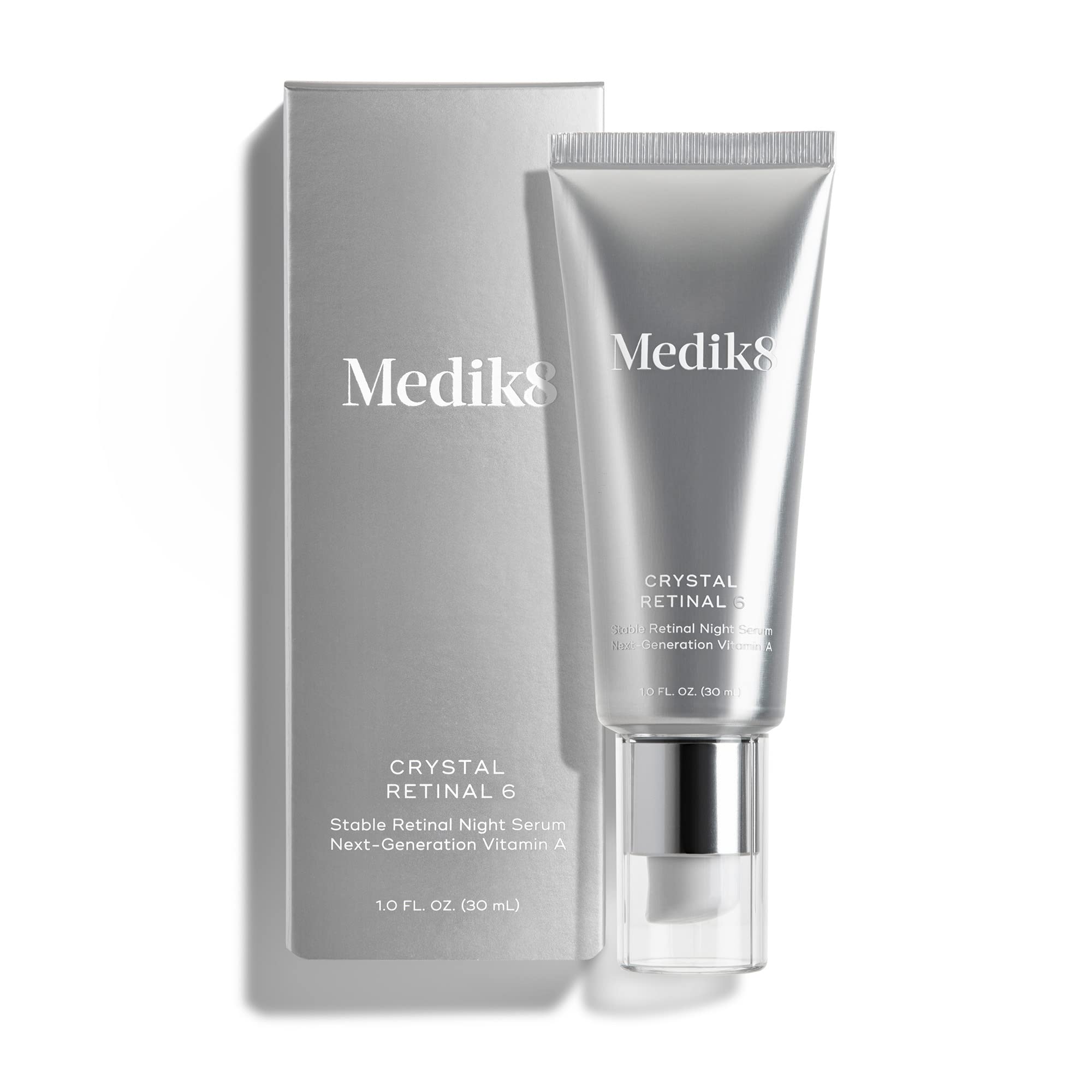 Medik8 Crystal Retinal 6 beside night cream in bathroom scene showing evening routine benefit