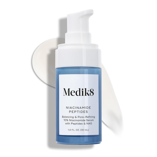 Medik8 bottle front view showing clear serum and polished packaging benefit: professional look
