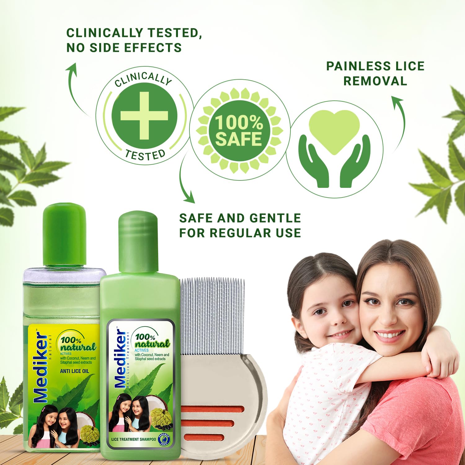 Mediker comb laid beside shampoo and oil for on-the-go grooming
