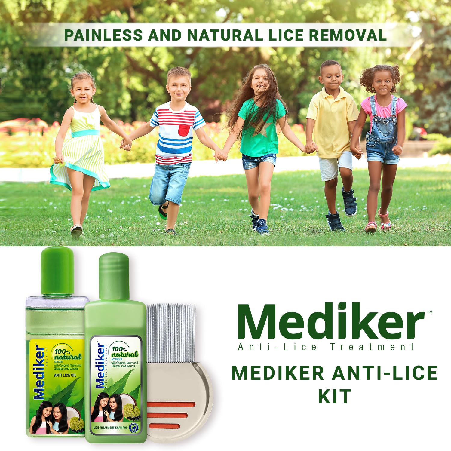 Mediker shampoo bottle close-up highlighting neem and coconut benefits