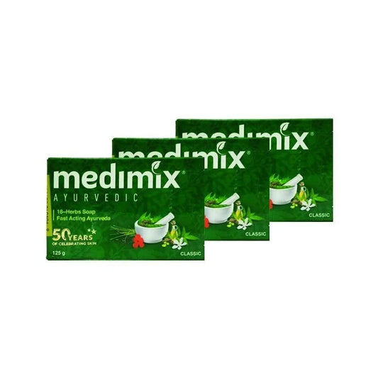 Medimix 18-herb soap front packaging showing bar and pack, highlighting gentle everyday protection