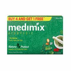 Medimix front packaging showing five 125g bars and herbal branding benefits