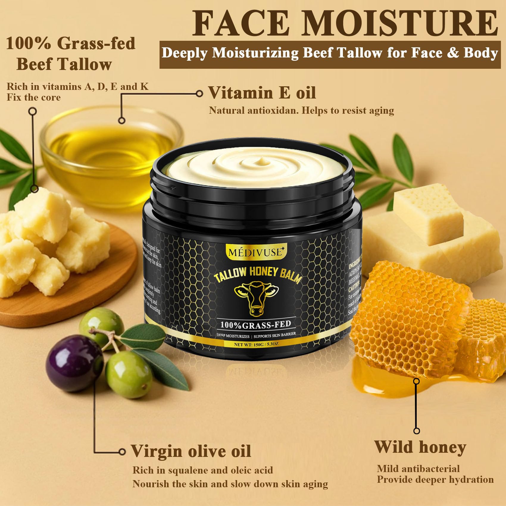 MediVuse open jar texture revealing creamy tallow balm for nourishment
