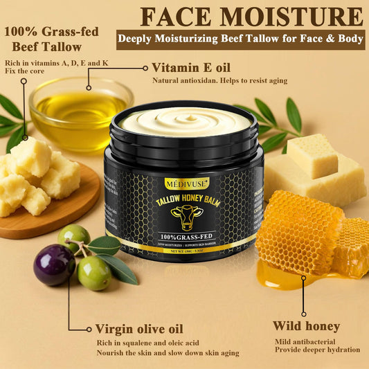 MediVuse open jar texture revealing creamy tallow balm for nourishment