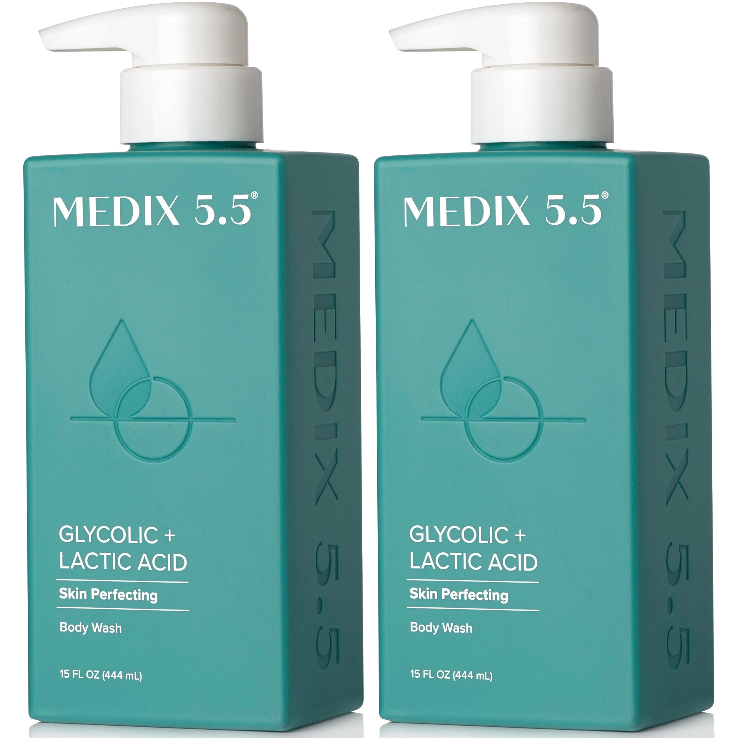 Medix 5.5 front bottle pack shows two exfoliating body wash bottles and benefits