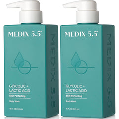 Medix 5.5 front bottle pack shows two exfoliating body wash bottles and benefits