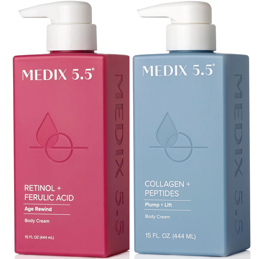Medix 5.5 front packaging of retinol and collagen set with neat layout, visible benefits