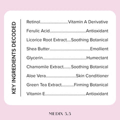 Medix 5.5 ingredient label detail showing retinol and antioxidant benefits