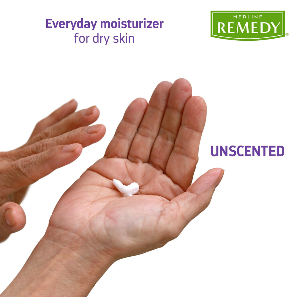 Medline Remedy lotion texture on palm showing lightweight absorption