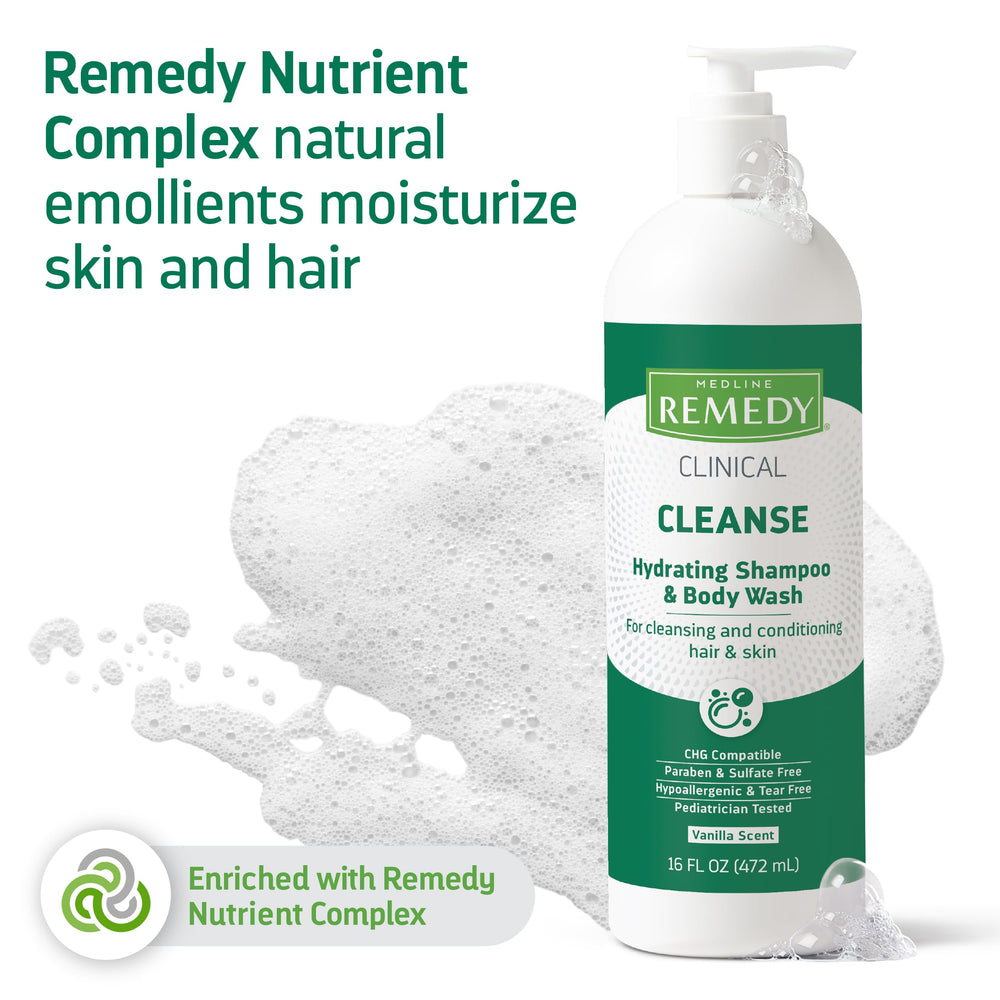 Medline Remedy being applied to hair in shower showing effective shampoo and rinse-off option