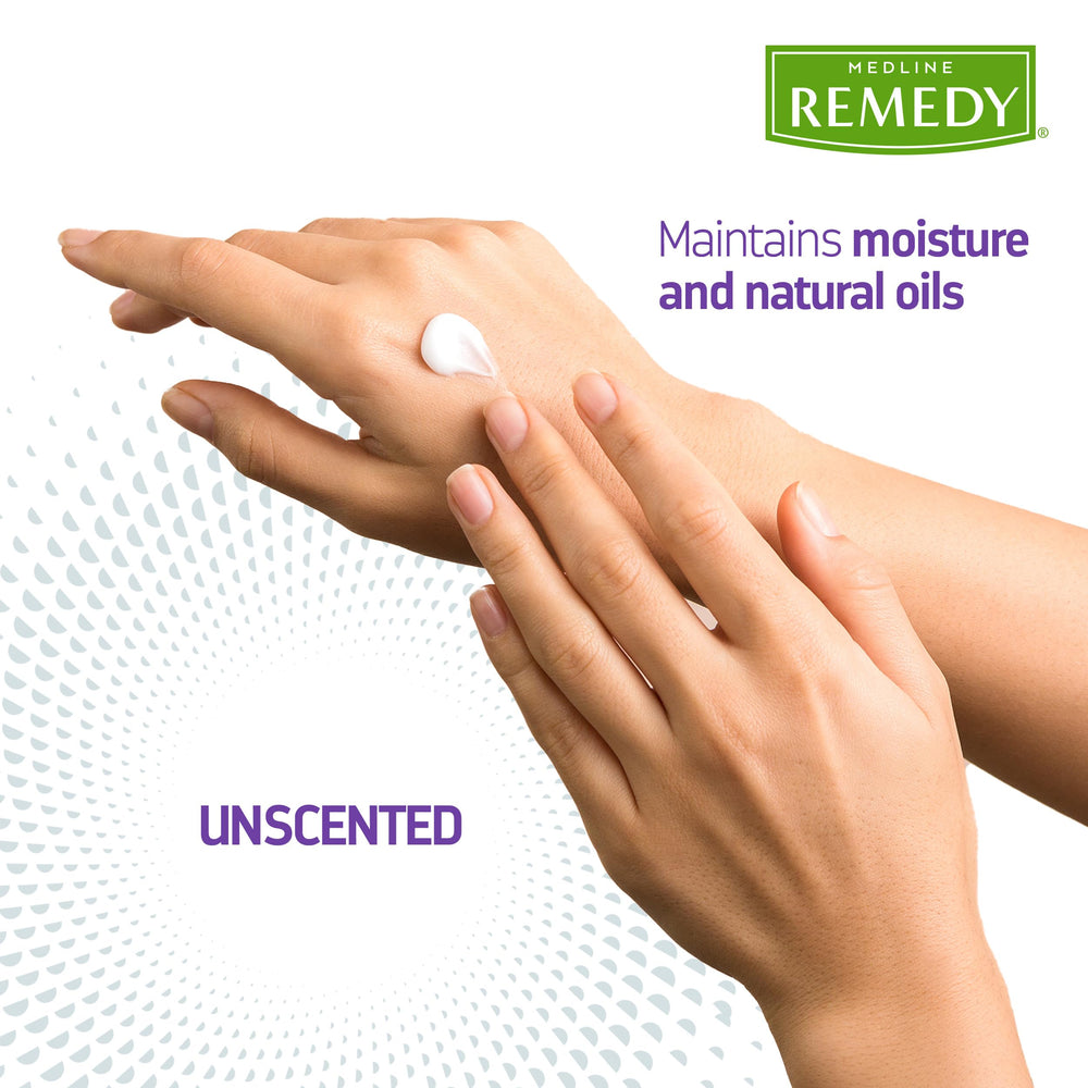 Medline Remedy applied to hands showing hydration and non-greasy benefit