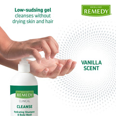 Medline Remedy gel texture on hand highlighting low-sudsing, gentle cleansing benefit
