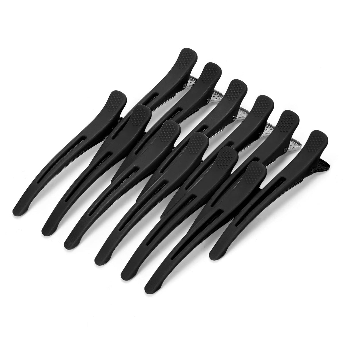 Medoca front view of 12 hair clips showing sleek black finish and neat set, professional storage benefit