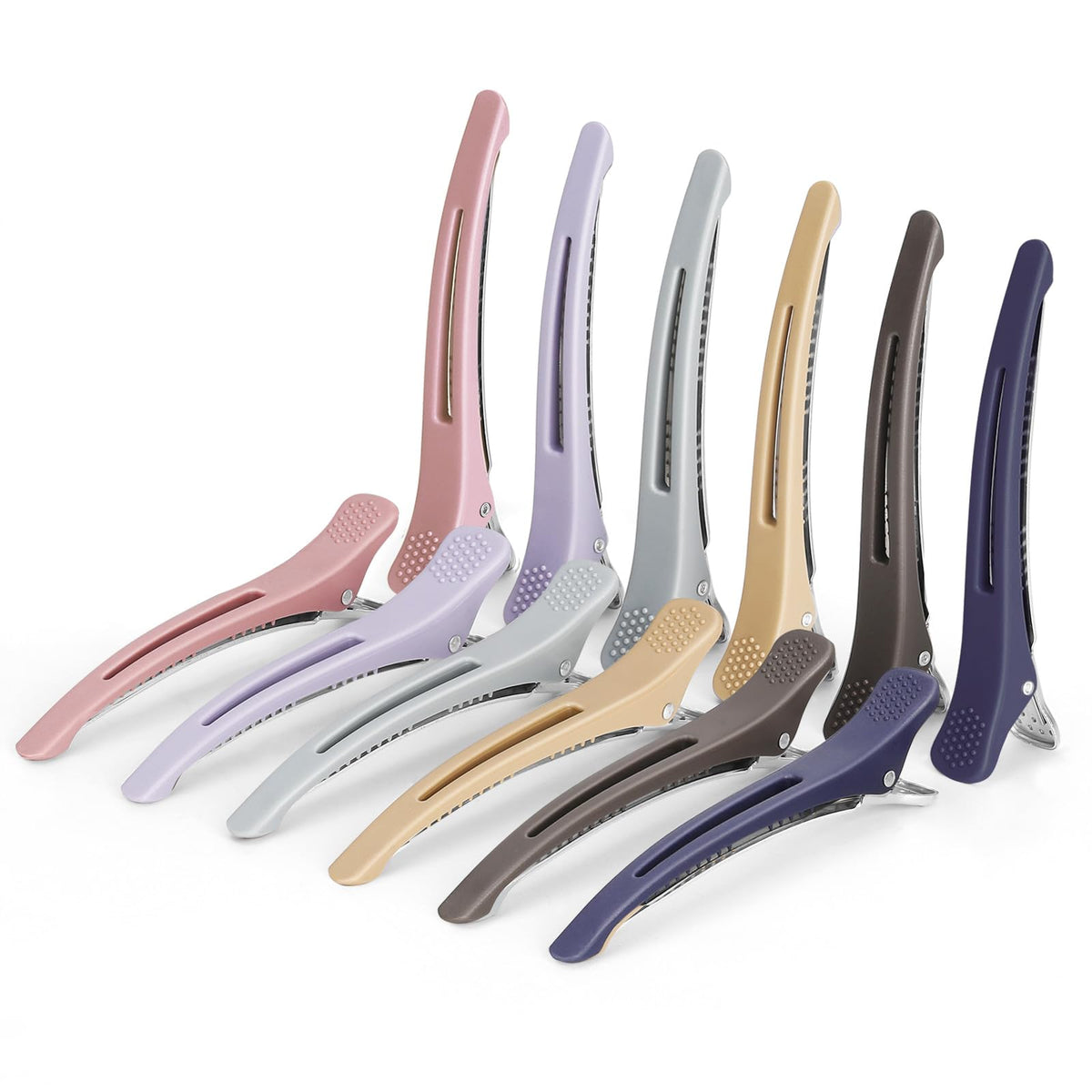 Medoca front view of twelve ashen duck billed clips, organized and ready for styling