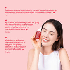 Meebak applying serum to cheek demonstrating gentle exfoliation step