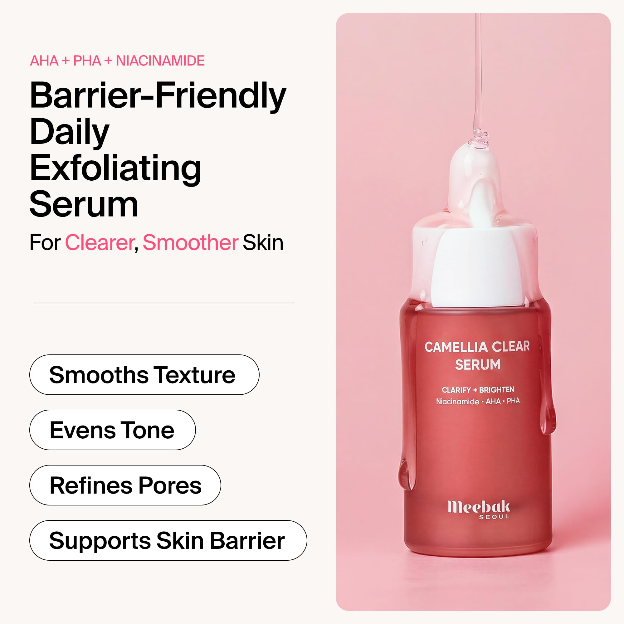 Meebak pump dispensing serum highlighting easy controlled application