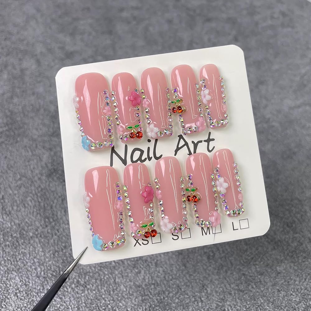 meemooron close-up of 3D cherry rhinestones highlighting sparkle and dimension