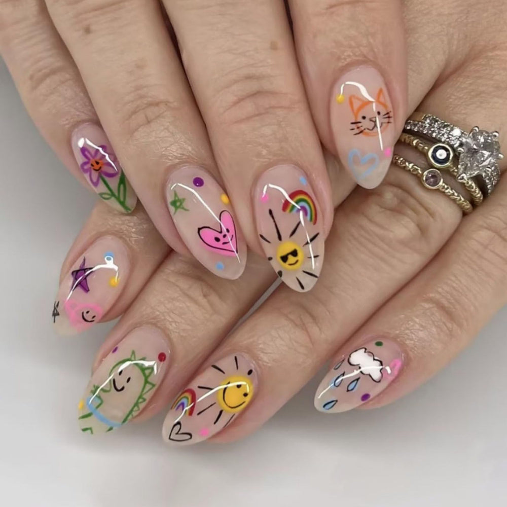 meemooron front packaging showing 24-piece kit and cute cartoon nails for easy styling