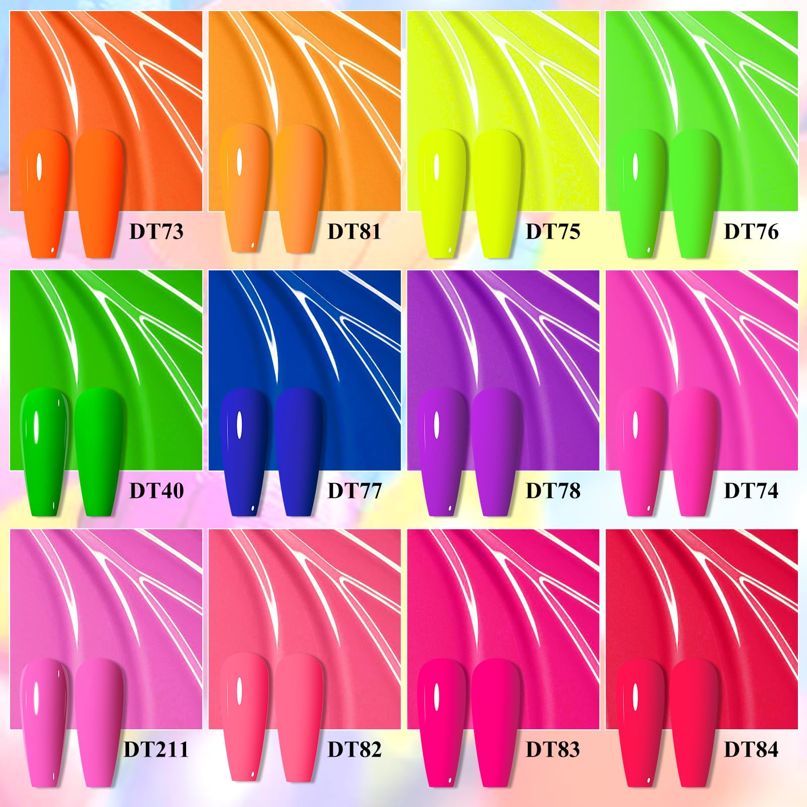 MEET ACROSS color swatch fan displaying twelve neon shimmer shades for variety
