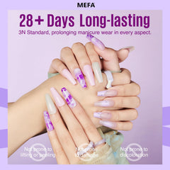 MEFA cured polished nail under LED lamp, shows fast curing and glossy finish benefit