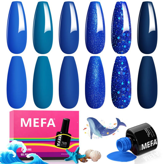 MEFA front packaging showing six blue gel bottles and box, ideal gift presentation