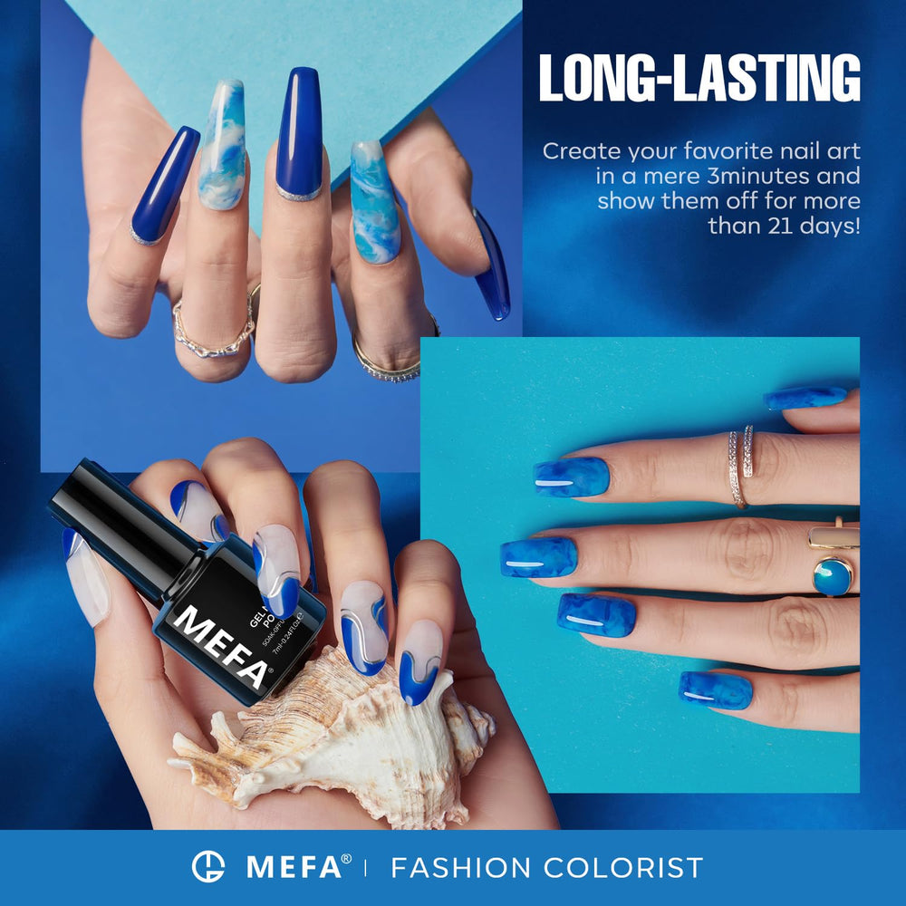 MEFA blue glitter swatch close-up highlighting sparkle and reflective finish