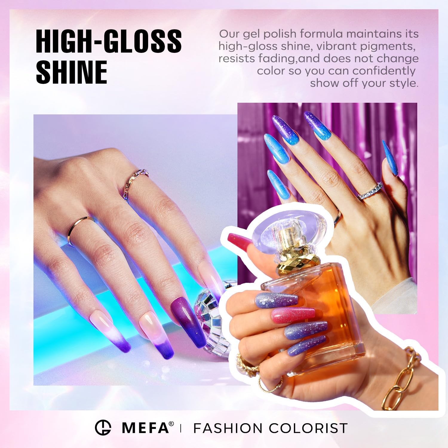 MEFA worn on nails showing warm-toned ombre effect with vibrant shimmer benefit