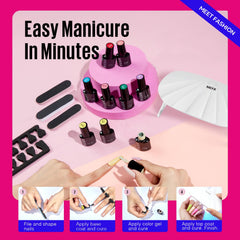MEFA manicure in progress with lamp curing to speed up at-home salon results