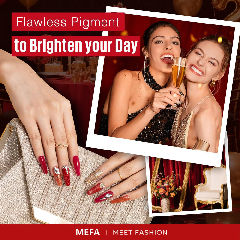 MEFA manicure in use with classic red nails, illustrates salon-quality wear