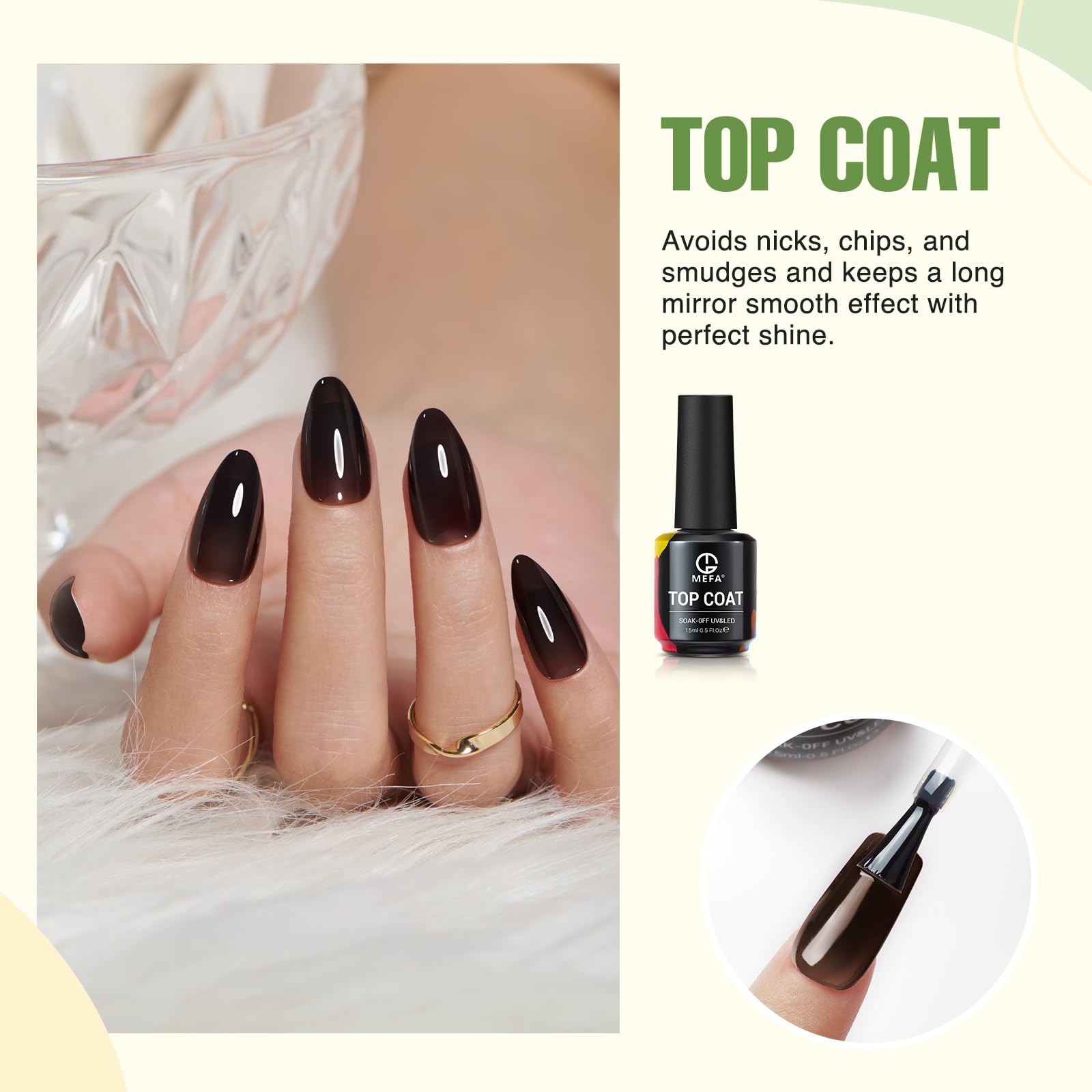 MEFA top coat on nails demonstrating high-gloss durable shine