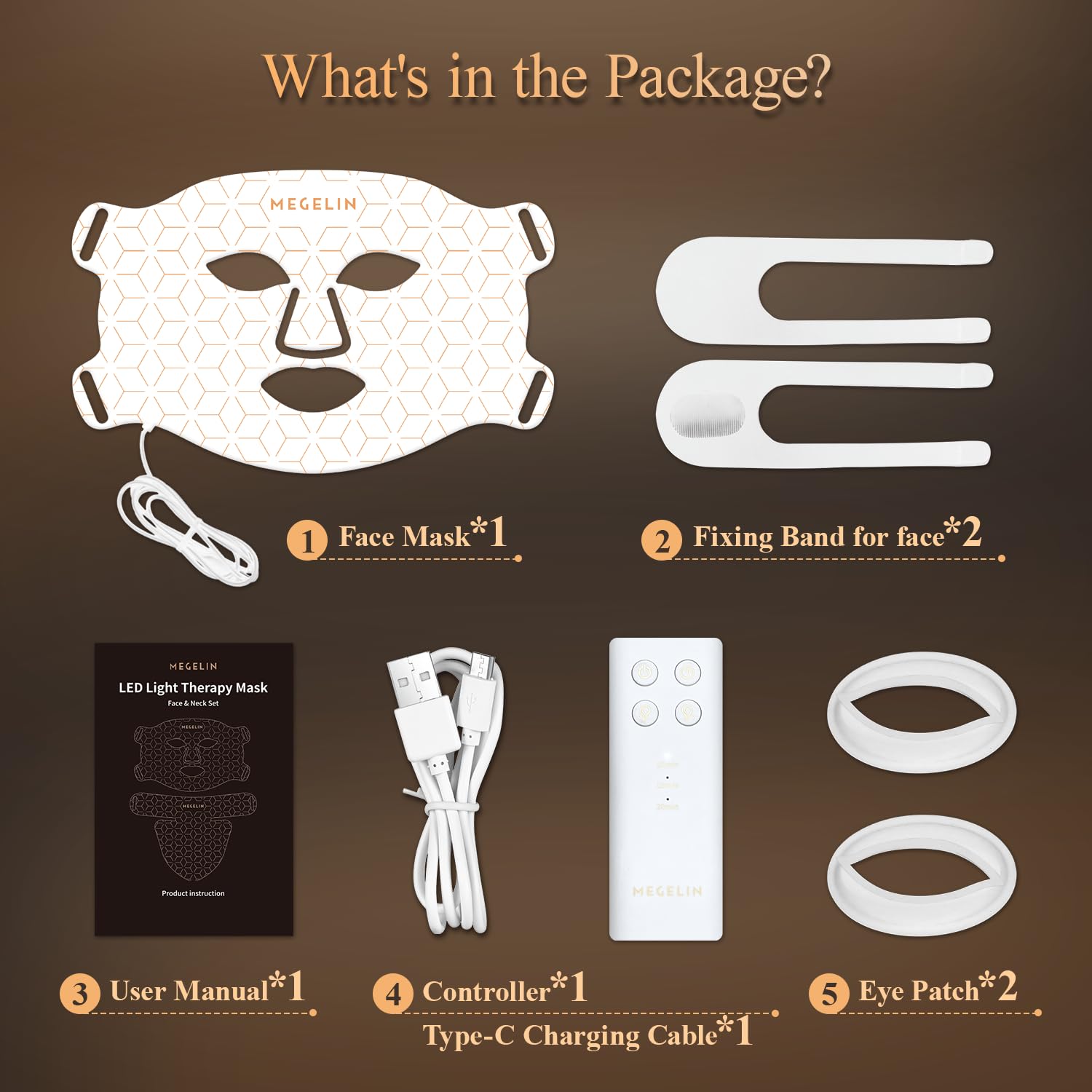 MEGELIN product packaging label showing features and included accessories