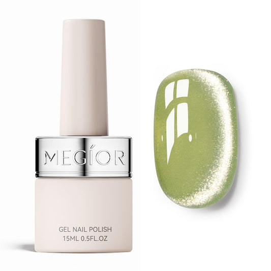 MEGIOR front bottle view showing apple green holographic polish benefit shimmer