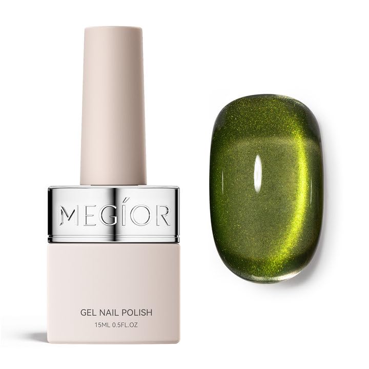 MEGIOR bottle front view showing vibrant aurora green finish benefit long-lasting shine