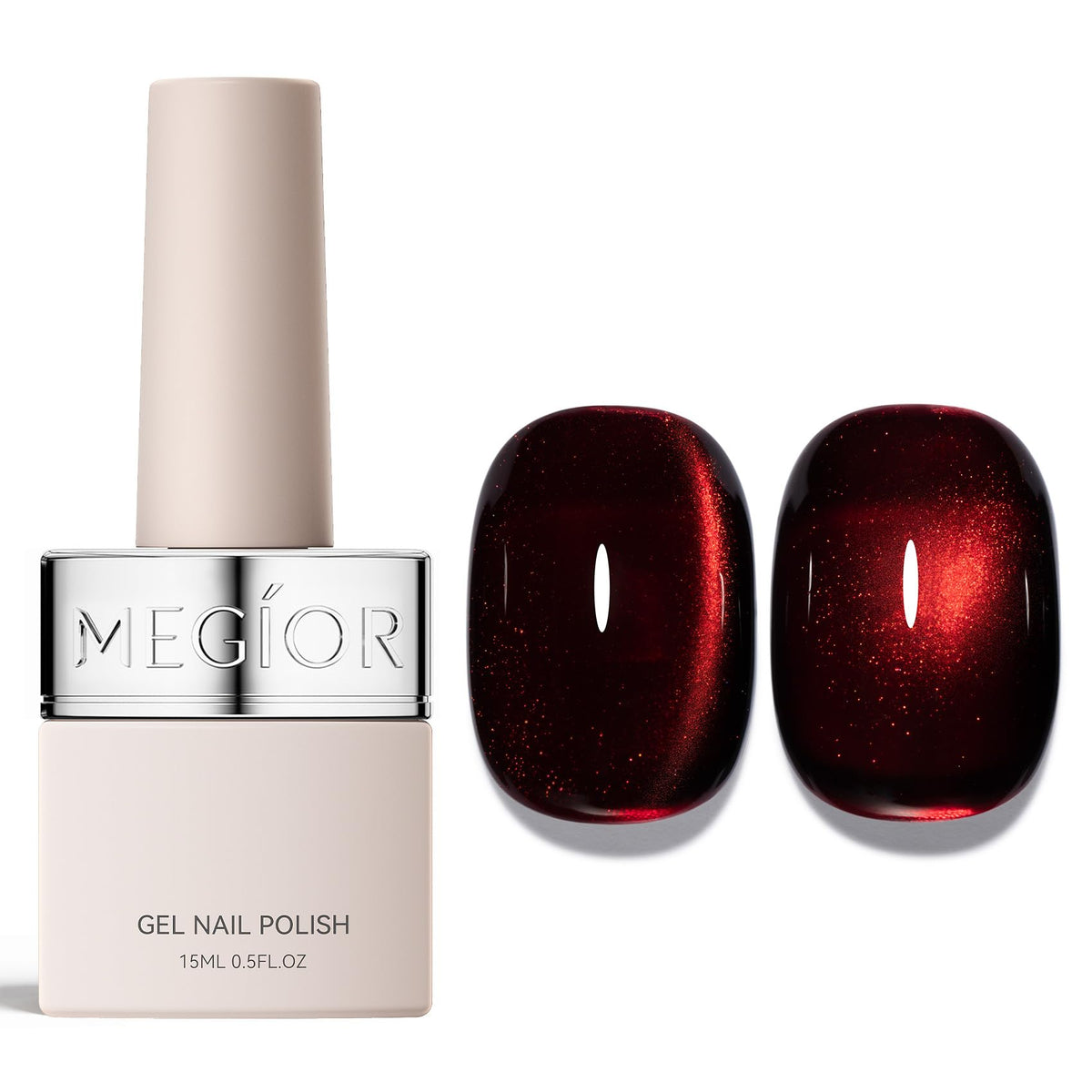 MEGIOR bottle front view showing cherry-red holographic gel and label for clarity