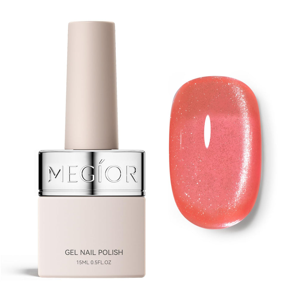 MEGIOR bottle front view showing coral orange shade and label, salon-quality finish