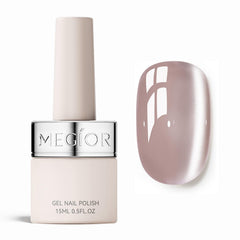 MEGIOR front bottle showing nude holographic polish and clear labeling for easy identification