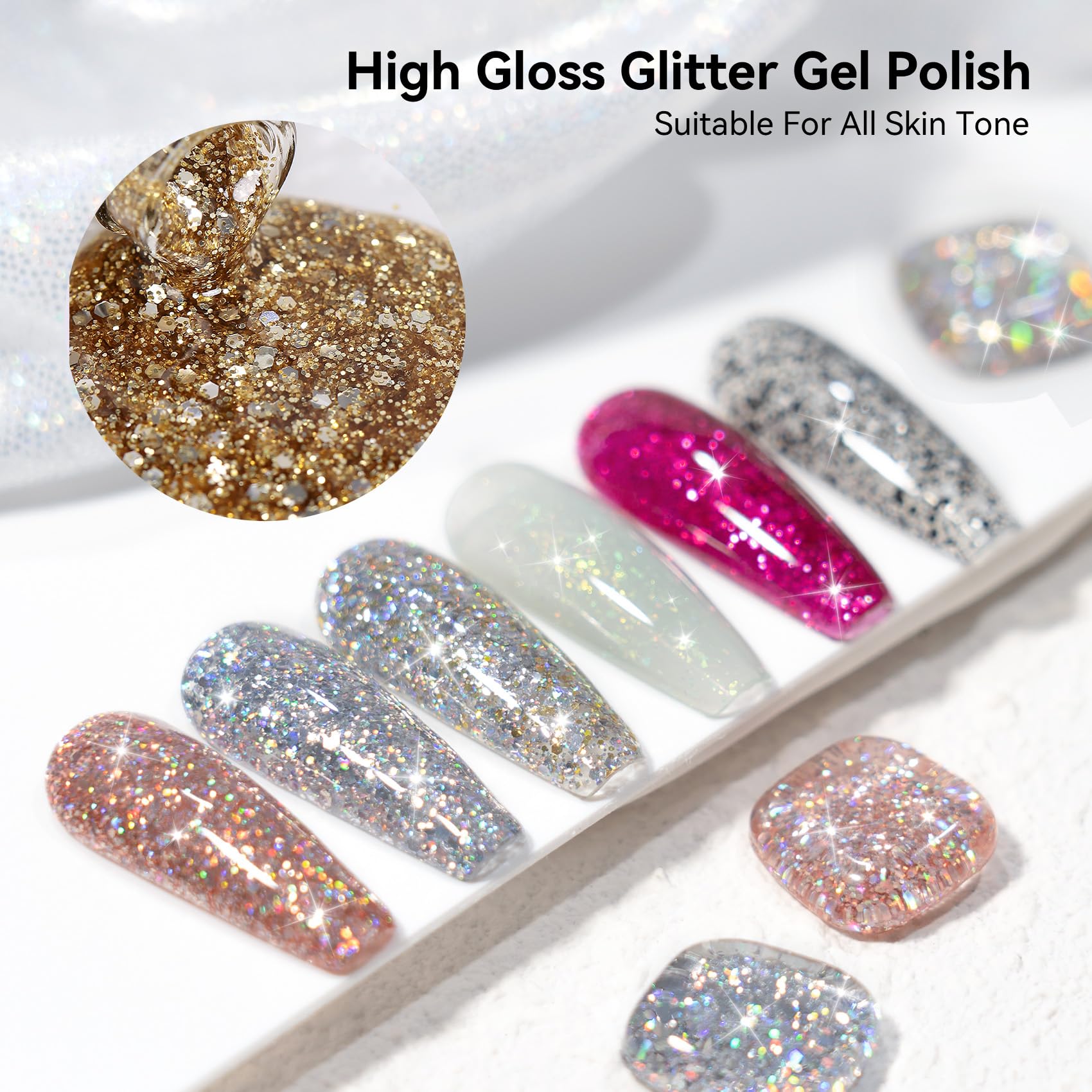 MEGIOR closeup of gold glitter particles showing texture benefit: high‑impact shimmer