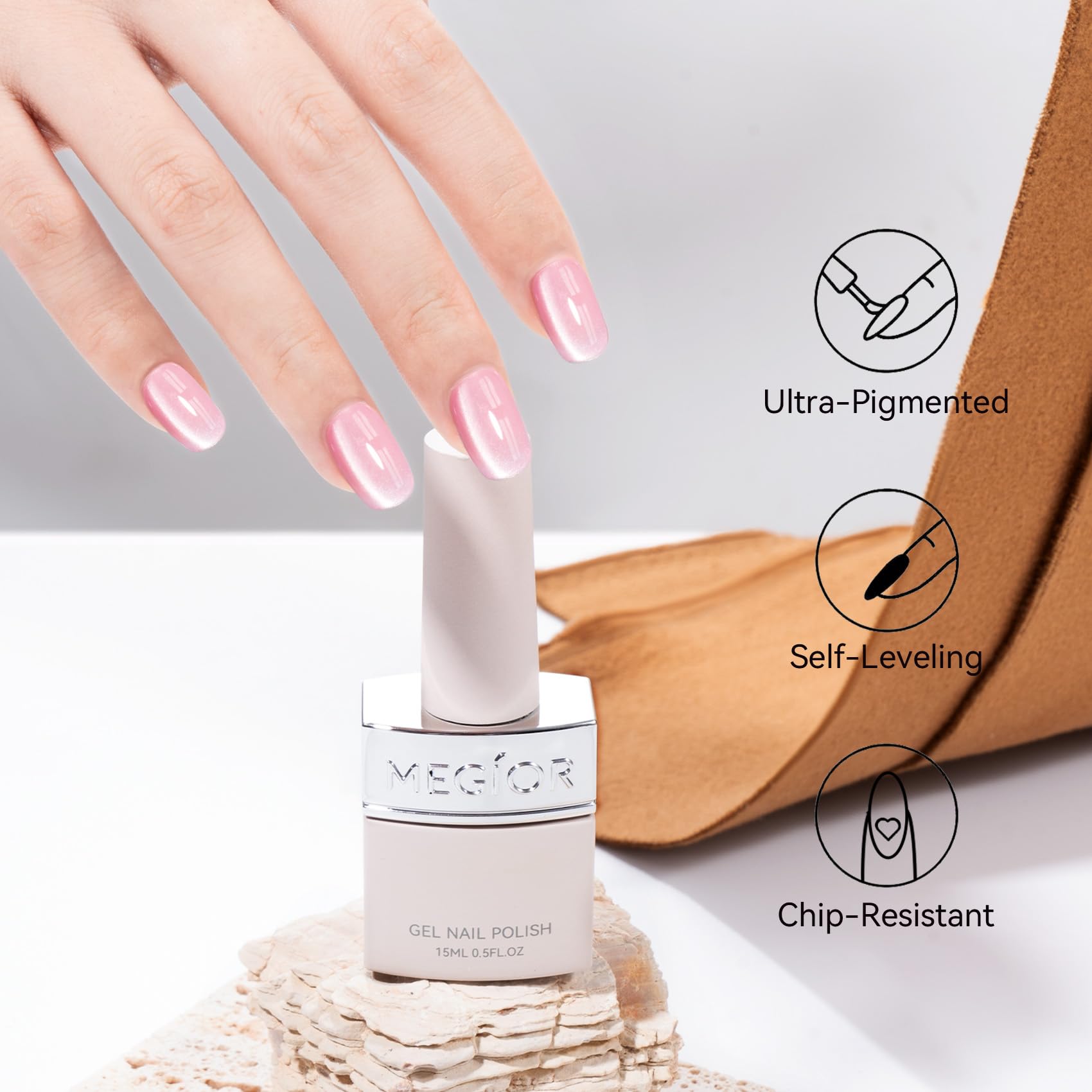 MEGIOR lifestyle mani on hand displaying finished manicure for salon-quality appearance