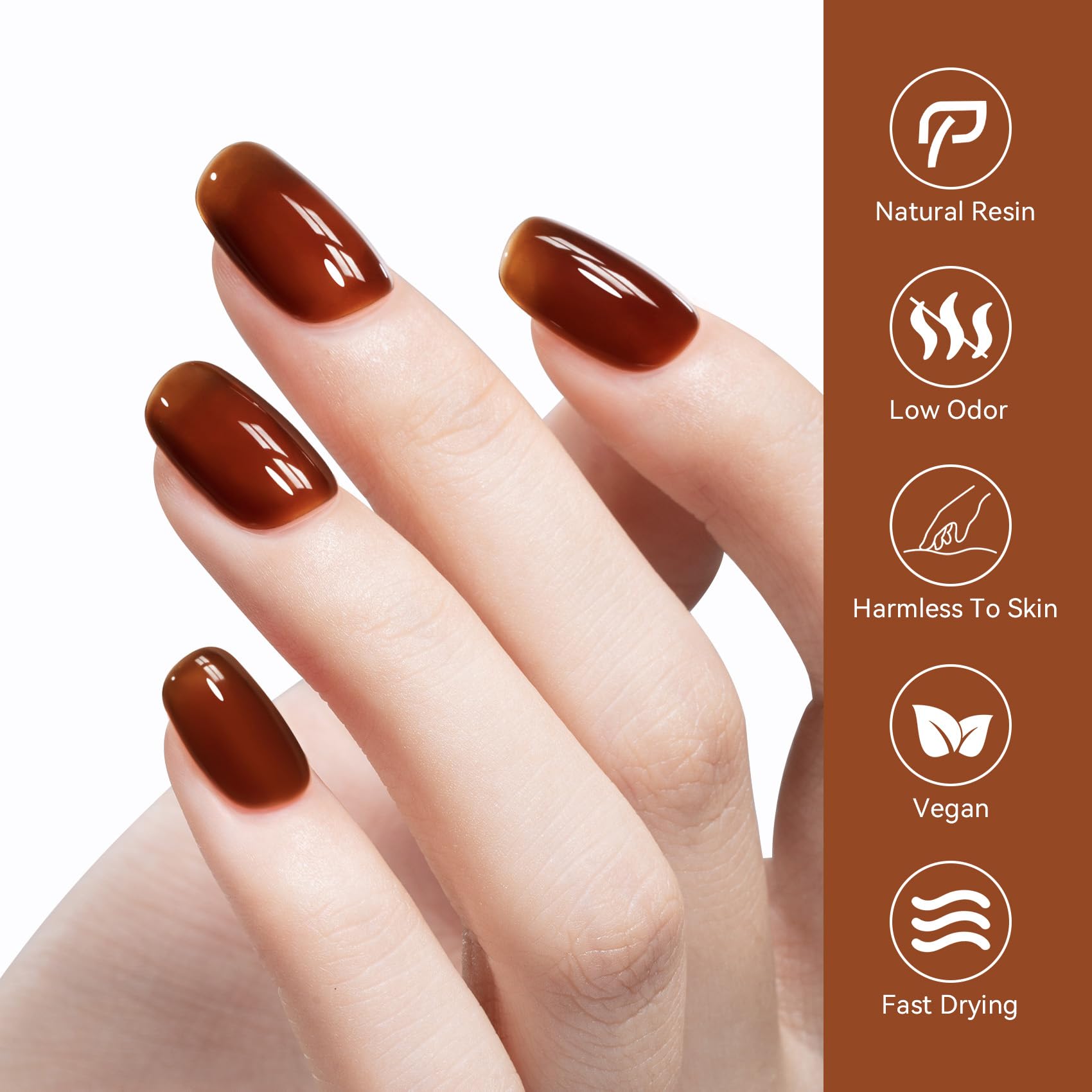 MEGIOR single-hand swatch on natural nails displaying glossy amber finish for realistic look