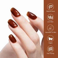 MEGIOR single-hand swatch on natural nails displaying glossy amber finish for realistic look