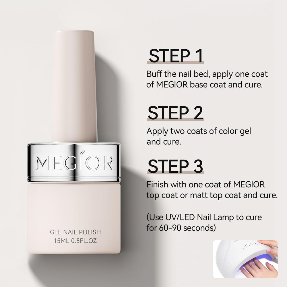 MEGIOR gel being cured under UV/LED salon lamp illustrating quick curing and professional finish